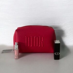 ❤️ DIOR RED COSMETIC POUCH WITH DIOR TRAVEL SIZE LIP GLOSS & LIPSTICK ❤️